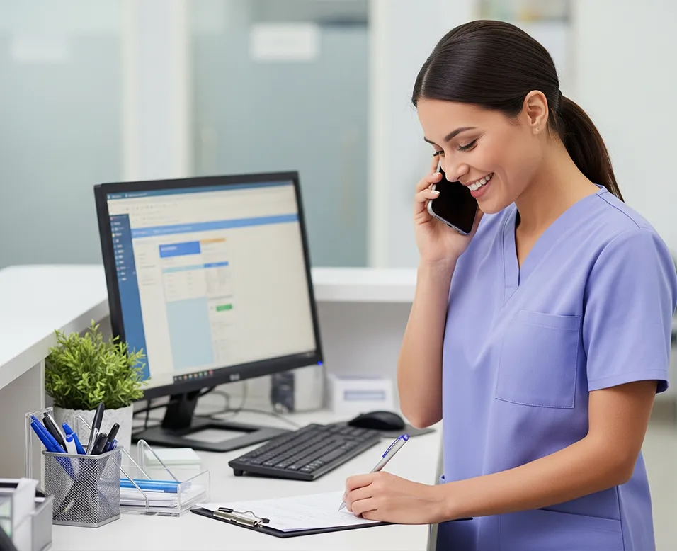 Secr&eacute;taire m&eacute;dicale en accueil t&eacute;l&eacute;phonique au sein d&rsquo;un cabinet ou d&rsquo;une clinique, illustrant la prise de rendez-vous et l&rsquo;accompagnement administratif des patients