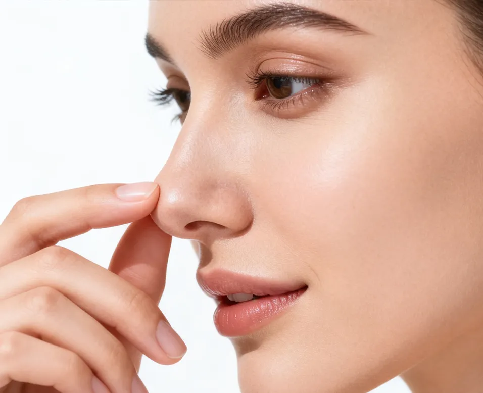 Femme touchant son nez, illustration d&rsquo;une rhinoplastie esth&eacute;tique