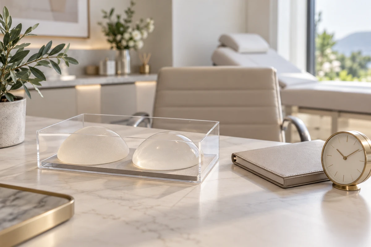 Implants mammaires posés dans une boîte transparente sur un bureau de consultation, avec carnet et horloge.